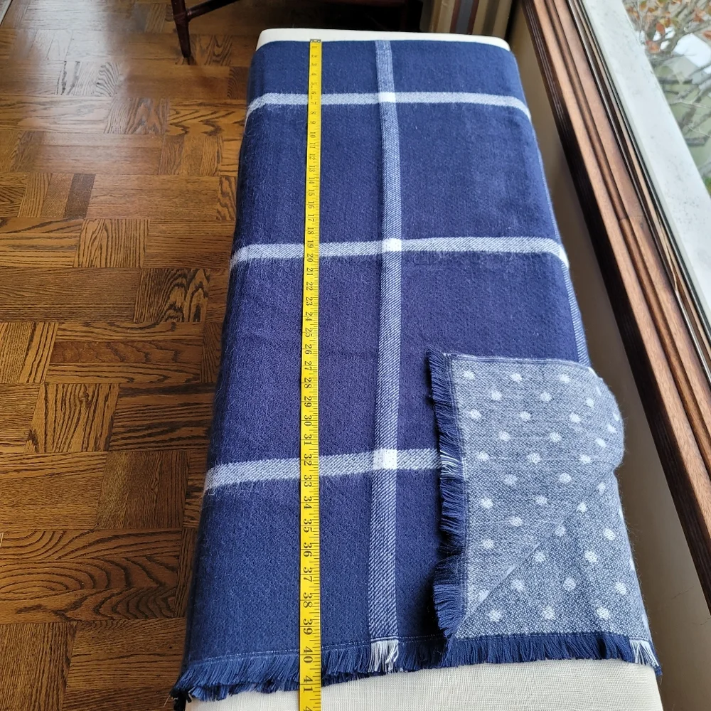 New! J.Crew Reversible Navy Blue White Blanket Scarf Plaid Polka Dots NWT